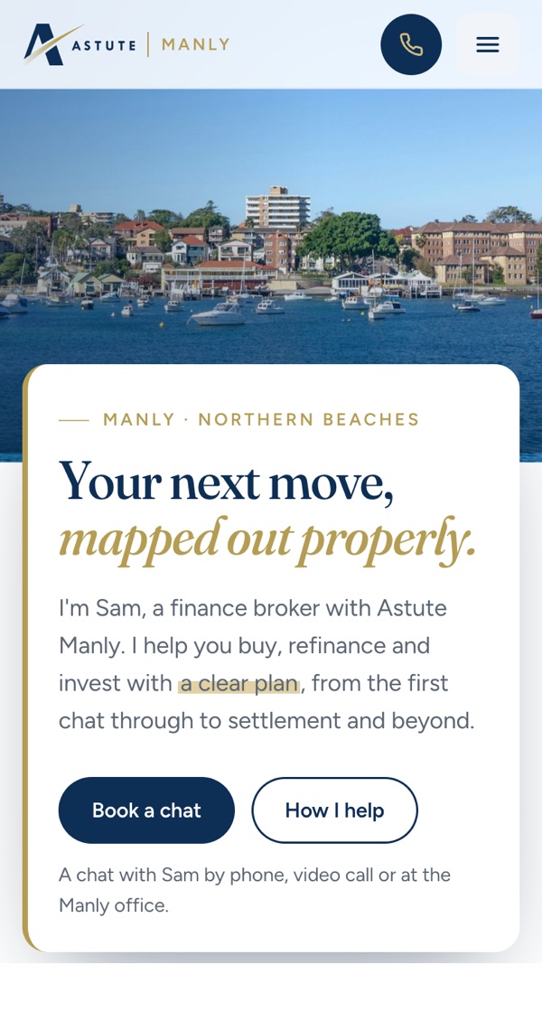 The Astute Manly home page on a phone.