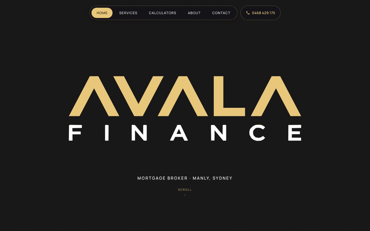 The Avala Finance home page on a computer, opening on the Avala Finance name.