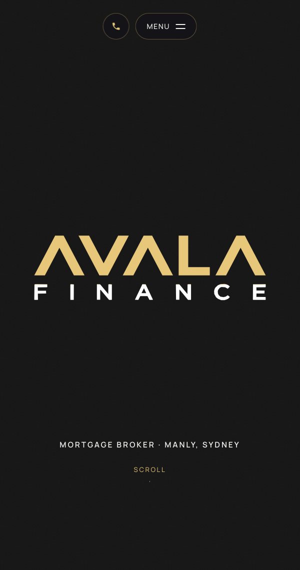 The Avala Finance home page on a phone.