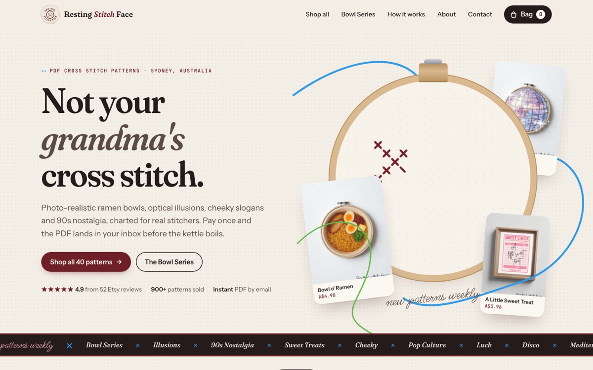 The Resting Stitch Face shop on a computer: Not your grandma's cross stitch.