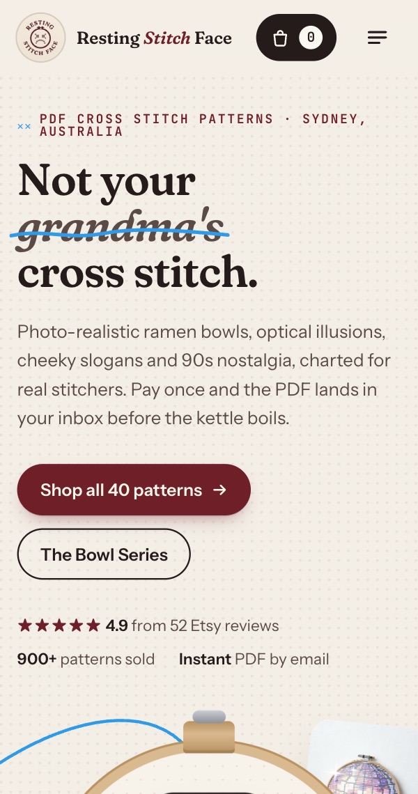 The Resting Stitch Face shop on a phone.