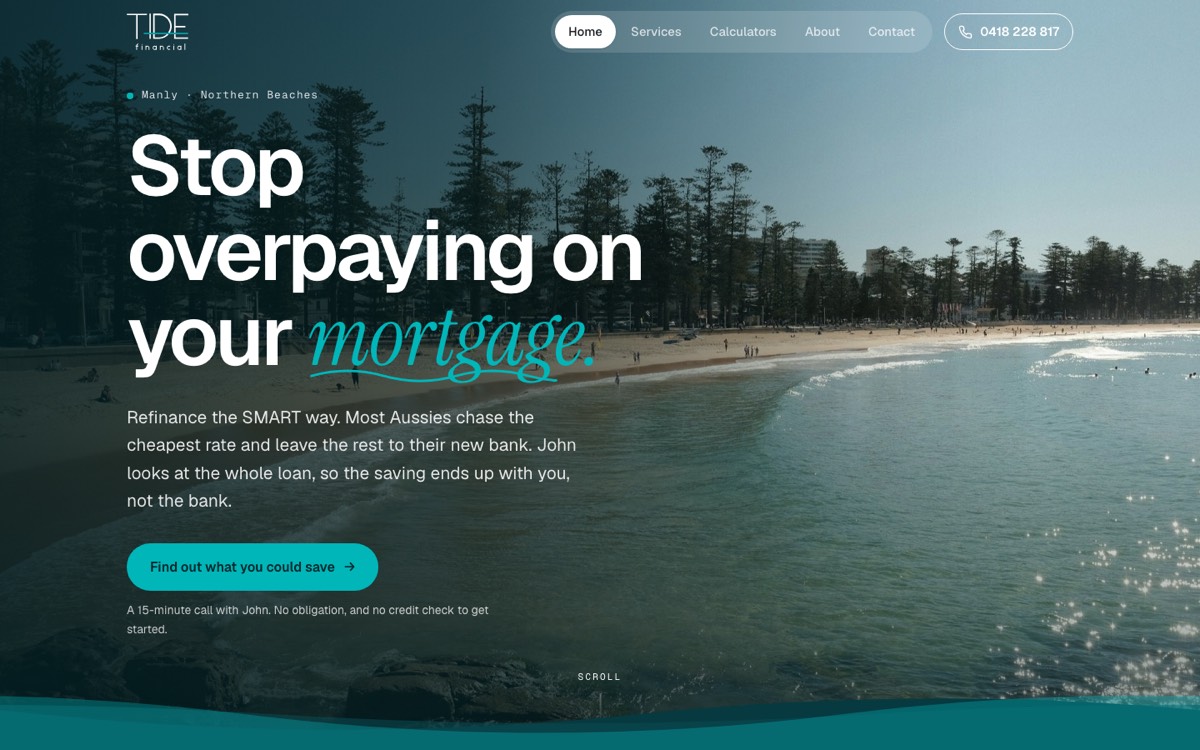 The Tide Financial home page on a computer: Stop overpaying on your mortgage.