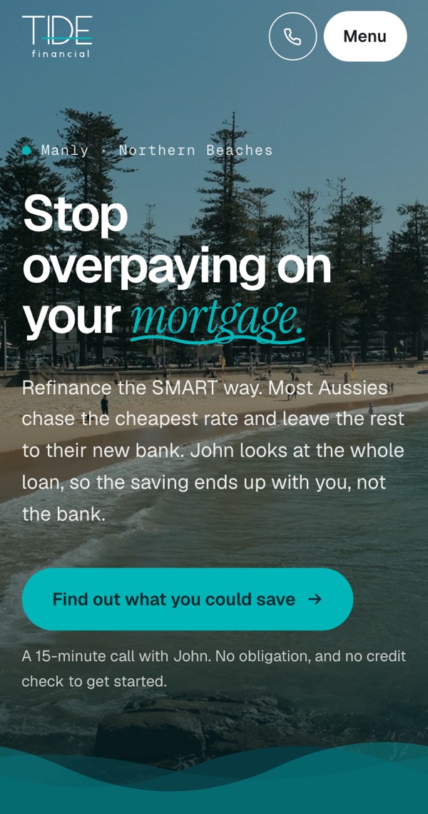 The Tide Financial home page on a phone.