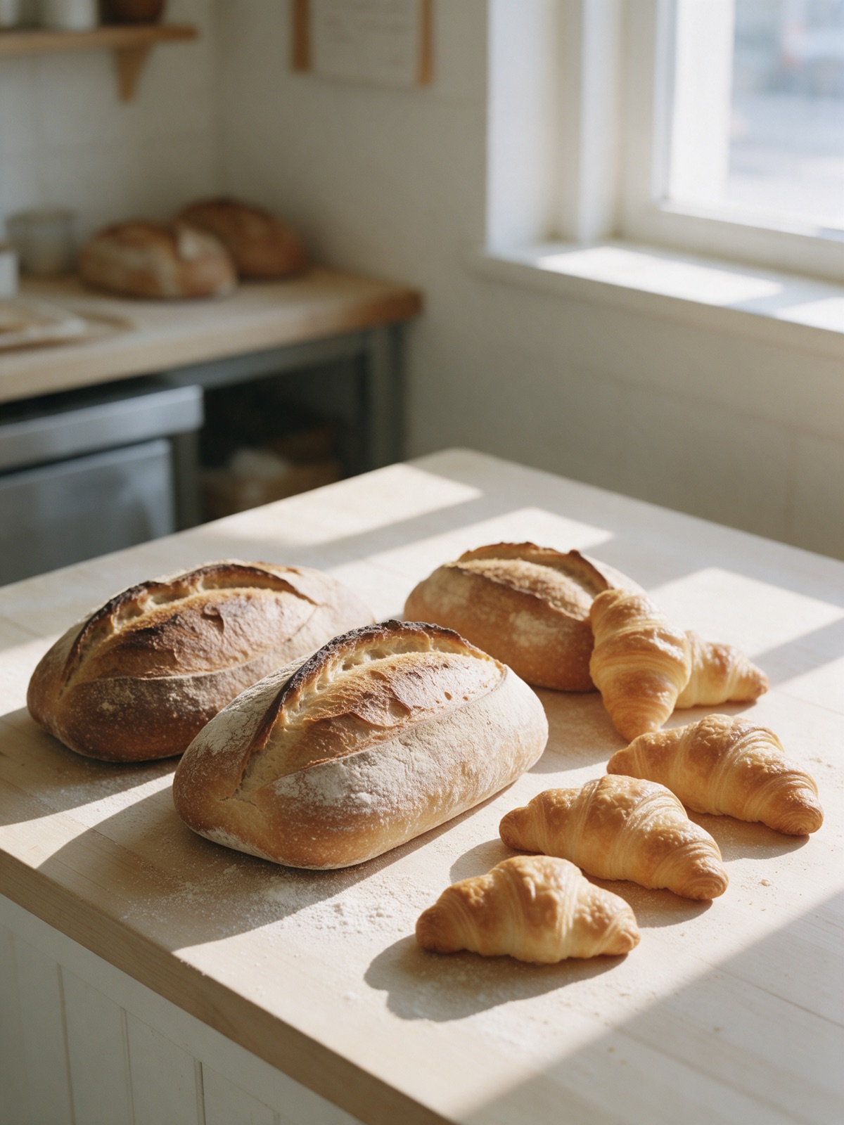 Sourdough loaves and croissants cooling on a timber bench in morning light
